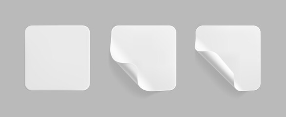 White square glued stickers with curled corners mock up set. Blank white adhesive square paper or plastic sticker label with wrinkled, crumpled effect. Blank template label tags. 3d realistic vector