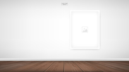 Empty photo frame or picture frame background in room space area with white concrete wall background and wooden floor. Vector.