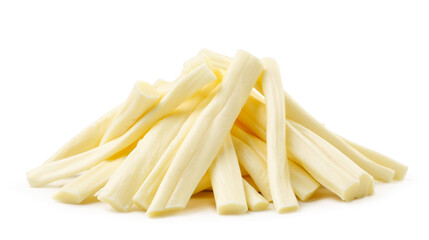 Heap of suluguni cheese sticks on a white plate. Isolated