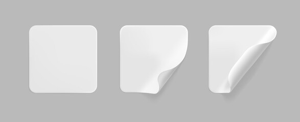 White square glued stickers with curled corners mock up set. Blank white adhesive square paper or plastic sticker label with wrinkled, crumpled effect. Blank template label tags. 3d realistic vector
