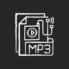 MP3 Audio file chalk white icon on black background. File extension. Downloading song. Storing music. Lecture, audiobook, podcast. Compressed audio format. Isolated vector chalkboard illustration