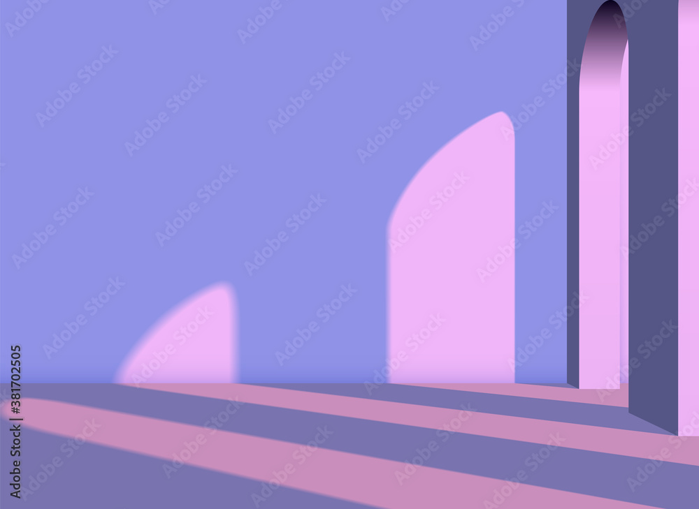 Poster Abstract vaporwave architectural 3D background with arches and columns in the pink room with violet shadows