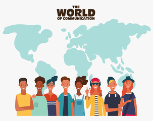 Group of young people with world map. Communication, teamwork and connection vector concept  © cristinn