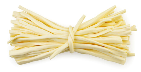 Suluguni cheese sticks tied in a bunch on a white background, isolated. Top view