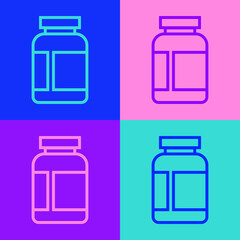 Pop art line Sports nutrition bodybuilding proteine power drink and food icon isolated on color background. Vector.