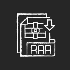 RAR file chalk white icon on black background. Archive file format. Data compression. Error recovery. File spanning. Archiver. Data container. Isolated vector chalkboard illustration