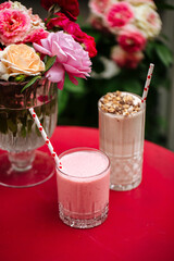 Side view on chocolate and strawberry milkshakes