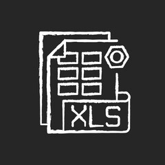 XLS file chalk white icon on black background. Binary file format. Spreadsheet programs. Workbook files. XLSX extension. Financial data storing. Isolated vector chalkboard illustration