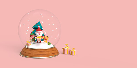 Illustration 3D d'un globe de neige de Noël avec le père Noël, lutin renne et sapin.