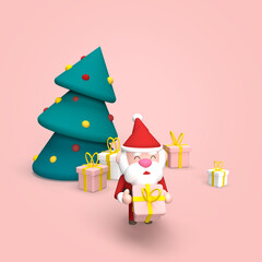 Illustration 3D d'un père Noël souriant avec des cadeaux et un sapin de Noël