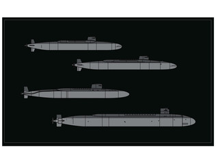 Silhouettes of balictic missile nuclear submarines. American Cold War SSBN. Vector image for illustrations and infographics