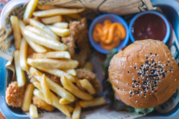 Junk food on table. Fast carbohydrates not good for health