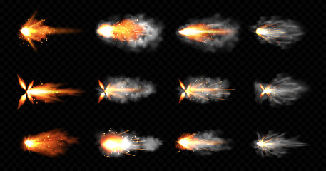 Gun flashes with smoke and fire sparkles. Pistol shots clouds, muzzle shotgun explosion. Blast motion, weapon bullets trails isolated on black background. Realistic 3d vector illustration, icons set