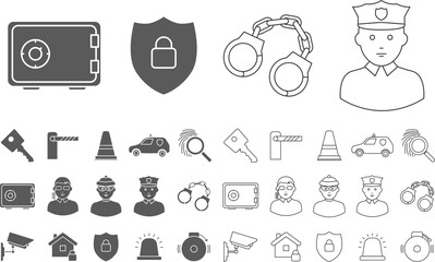 Security services Icons set - Vector outline symbols and silhouettes of key, lock, camera, padlock, door, building, signaling for the site or interface