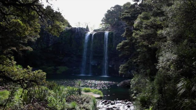 Incredibly Beautiful Majestic Waterfall with No One Around Flows on a Beautiful day Surrounded by Trees in Whangarei New Zealand, No People