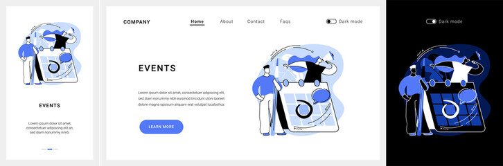 Events website UI kit. Corporate events, event calendar, notification, website menu bar, UI element, business meeting, commercial exhibition, schedule landing and mobile app vector UI template.