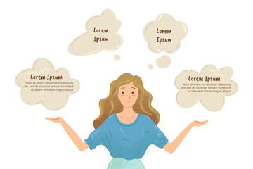 Woman thinking of choice. Thoughts bubbles. Vector illustration