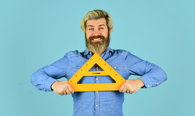 precision measurement tool. man use triangle. math or mathematics. Stem education concept. study...
