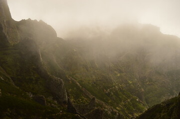 The dramatic, misty and beautiful mountain landscape of Madeira Island in Portugal