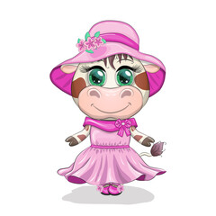 Cute cartoon cow girl with beautiful eyes in a pink dress and a hat. Funny cow character
