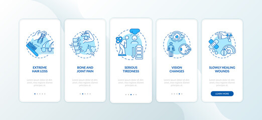 Vitamin deficiency symptoms onboarding mobile app page screen with concepts. Bone pain, serious tiredness walkthrough 5 steps graphic instructions. UI vector template with RGB color illustrations