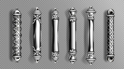 Silver door handles in baroque style, classic ornate luxurious oriental column knobs isolated on transparent background. Vintage chrome doorknobs, metal jewelry home decor, Realistic 3d vector - obrazy, fototapety, plakaty
