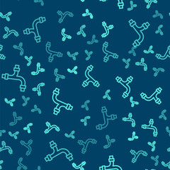 Green line Industry metallic pipe icon isolated seamless pattern on blue background. Plumbing pipeline parts of different shapes. Vector.