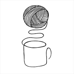 
vector illustration in doodle style. minimalistic knitting logo. a ball of thread and a mug with a hot drink. symbol of autumn, winter, cozy crochet, knitting. hand made icon, needlework.