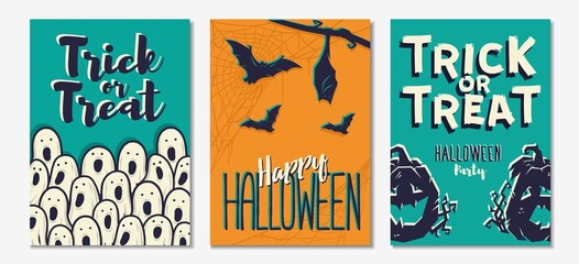 Colored halloween party invitation, banner, poster or postcard with scary horrible pumpkin, bats and ghost illustrations for october holiday design
