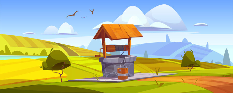 Old stone well with drinking water on green hill. Vector cartoon summer landscape with vintage well with wooden roof, pulley and bucket. Basin for water source or spring near farm or village
