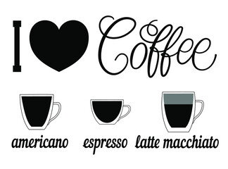 Coffee vector logo, typography, sign in black and white. Advertising poster or template design. Modern lettering logotype, coffee signboard. Design elements. Vector illustration. I like coffee