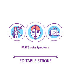 FAST stroke symptoms concept icon. Typical signs of stroke idea thin line illustration. Facial drooping, arm weakness and speech difficulty. Vector isolated outline RGB color drawing. Editable stroke