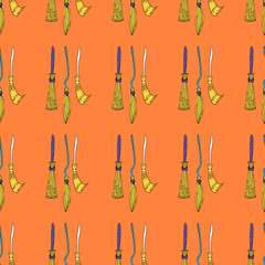 Witch broom vector seamless pattern. Witchy background for halloween design. Magic and witchcraft concept. EPS 8.