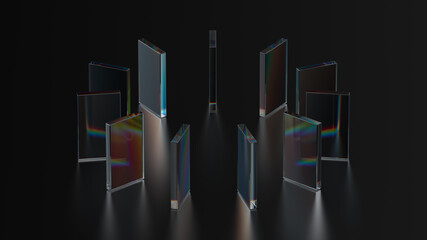 Abstract glass composition. 3d render of geometric shapes made of reflective and refractive material. Dispersion effects. - 381706533