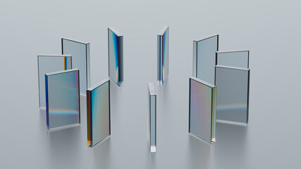Abstract glass composition. 3d render of geometric shapes made of reflective and refractive material. Dispersion effects.