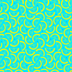 Fototapeta na wymiar Lemon slice seamless pattern. Citrus fruit turquoise background in colorful cartoon style. Juicy tasty appetizing illustration. Fresh up lemonade concept. Summer wallpaper.