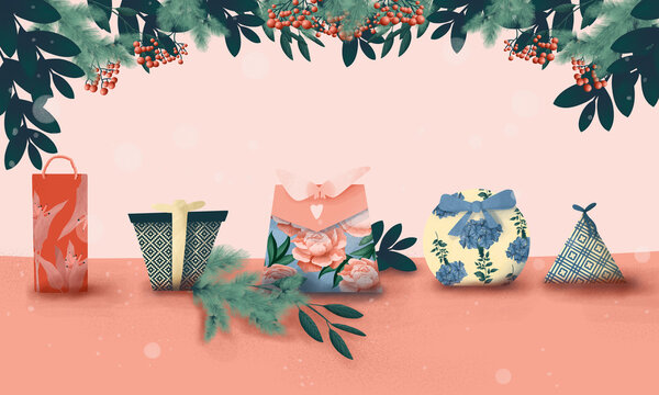 Christmas banner with presents and seasonal elements