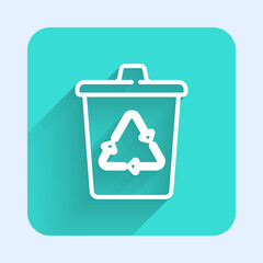 White line Recycle bin with recycle symbol icon isolated with long shadow. Trash can icon. Garbage bin sign. Recycle basket sign. Green square button. Vector.