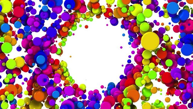 4k looped abstract creative simple background with round copy space. Cartoon animation of multi-colored circles like paint bubbles in liquid on white bg. Luma matte as alpha channel.