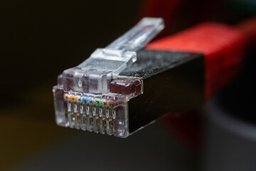 Macro cross section front angle view of red RJ45 CAT6 shielded network data internet cable clear connector