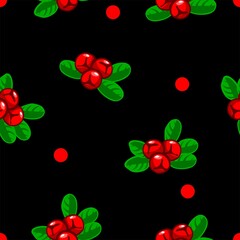 Seamless pattern red cranberry. Cranberries, berries on black background for fabric, wallpaper, packaging, textile, web design.