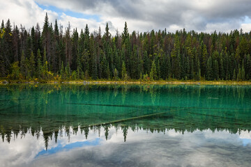 Trees reflected over the first lake at the Valley of the Five Lakes in Jasper, Alberta, Canada