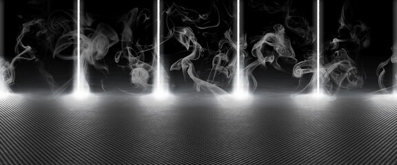 Dark background. Rays and smoke on a shining perforated metal.