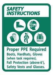 Safety Instructions Sign Proper PPE Required Boots, Hardhats, Gloves When Task Requires Fall Protection With PPE Symbols