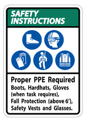 Safety Instructions Sign Proper PPE Required Boots, Hardhats, Gloves When Task Requires Fall Protection With PPE Symbols