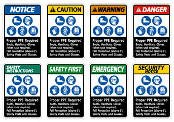 Proper PPE Required Boots, Hardhats, Gloves When Task Requires Fall Protection With PPE Symbols