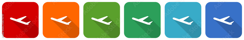 Aufkleber Deparures, flight, airplane icon set, flat design vector illustration in 6 colors options for webdesign and mobile applications