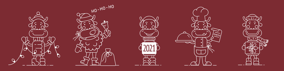 set of new year's bulls for decorating cards, flyers, banners, booklets