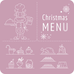 a set of Christmas treats, pies, Turkey, drinks, cupcakes and a bull chef in a chef's hat with a tray