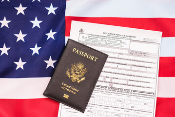 American passport on flag.
